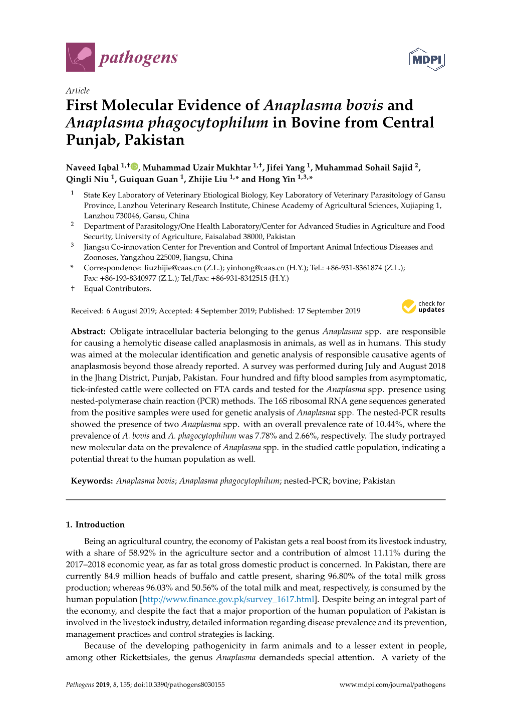 First Molecular Evidence of Anaplasma Bovis and Anaplasma Phagocytophilum in Bovine from Central Punjab, Pakistan