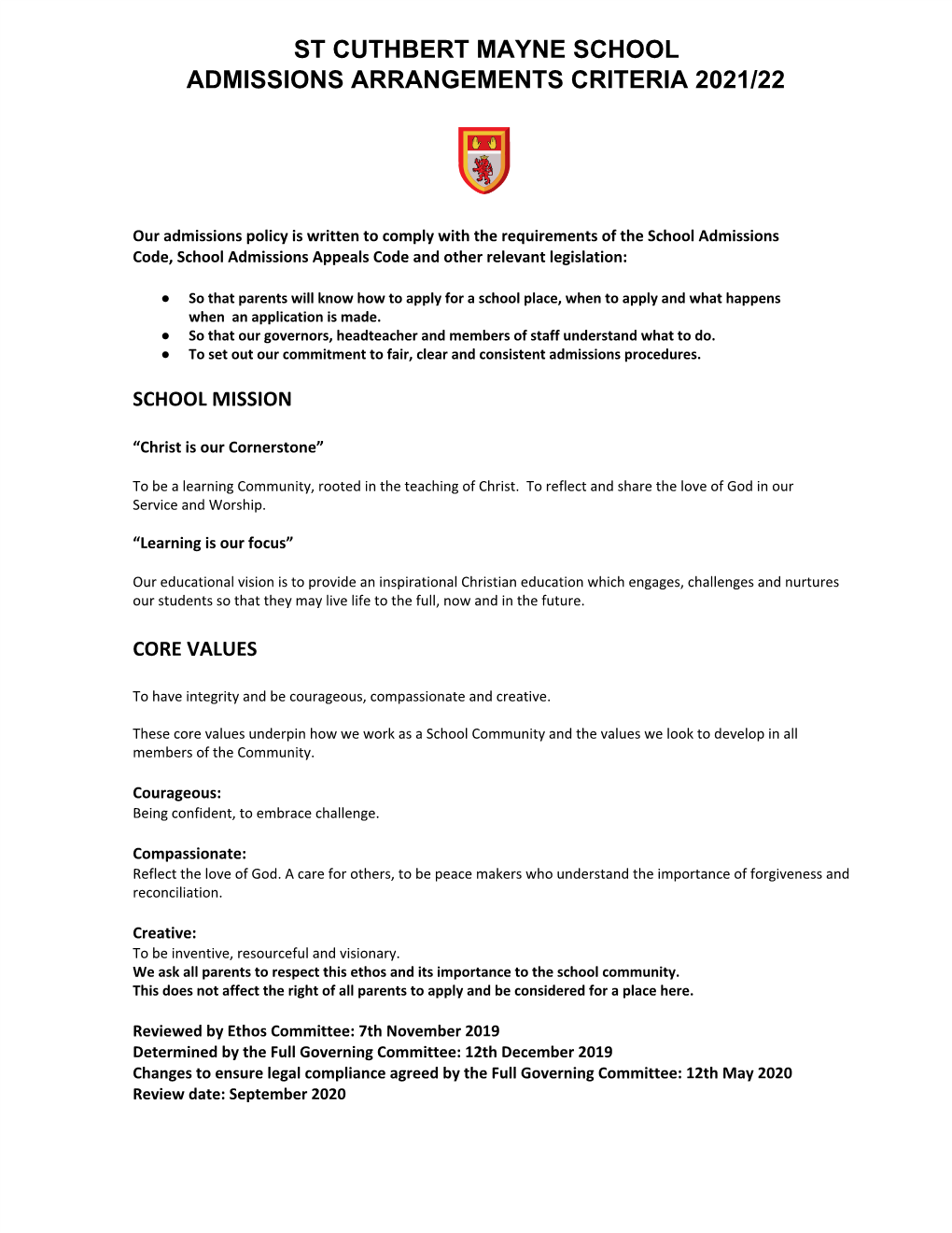 St Cuthbert Mayne School Admissions Arrangements Criteria 2021/22