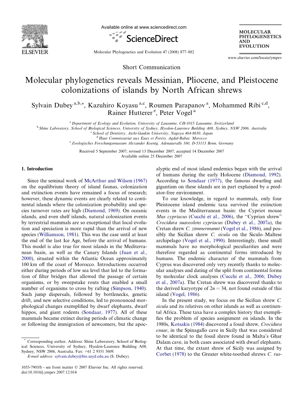 Molecular Phylogenetics Reveals Messinian, Pliocene, and Pleistocene Colonizations of Islands by North African Shrews