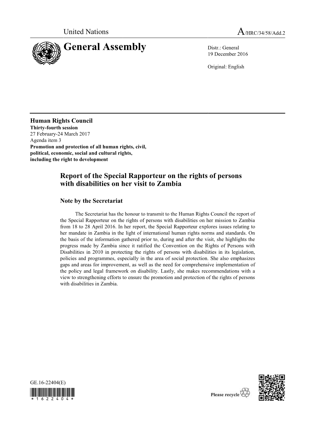 Report of the Special Rapporteur on the Rights of Persons with Disabilities on Her Visit to Zambia