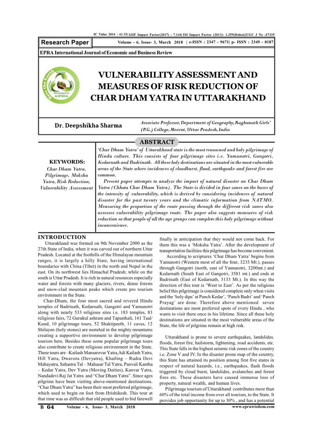 Vulnerability Assessment and Measures of Risk Reduction of Char Dham Yatra in Uttarakhand