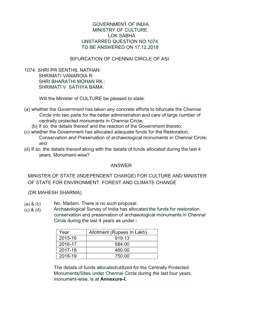 Government of India Ministry of Culture Lok Sabha Unstarred Question No.1074 to Be Answered on 17.12.2018 Bifurcation of Ch