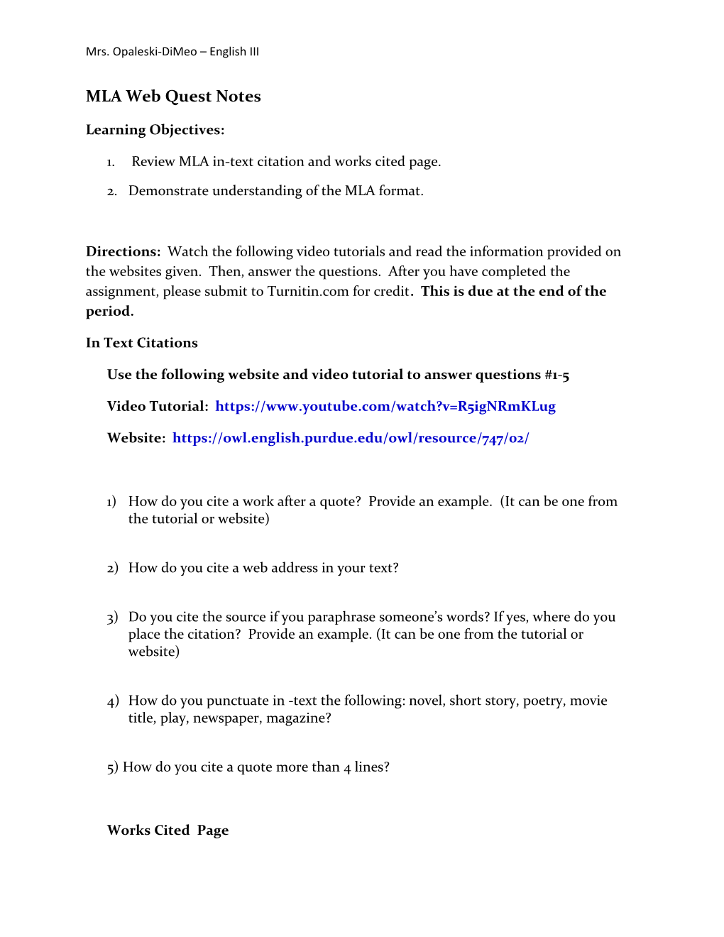 MLA Web Quest Notes