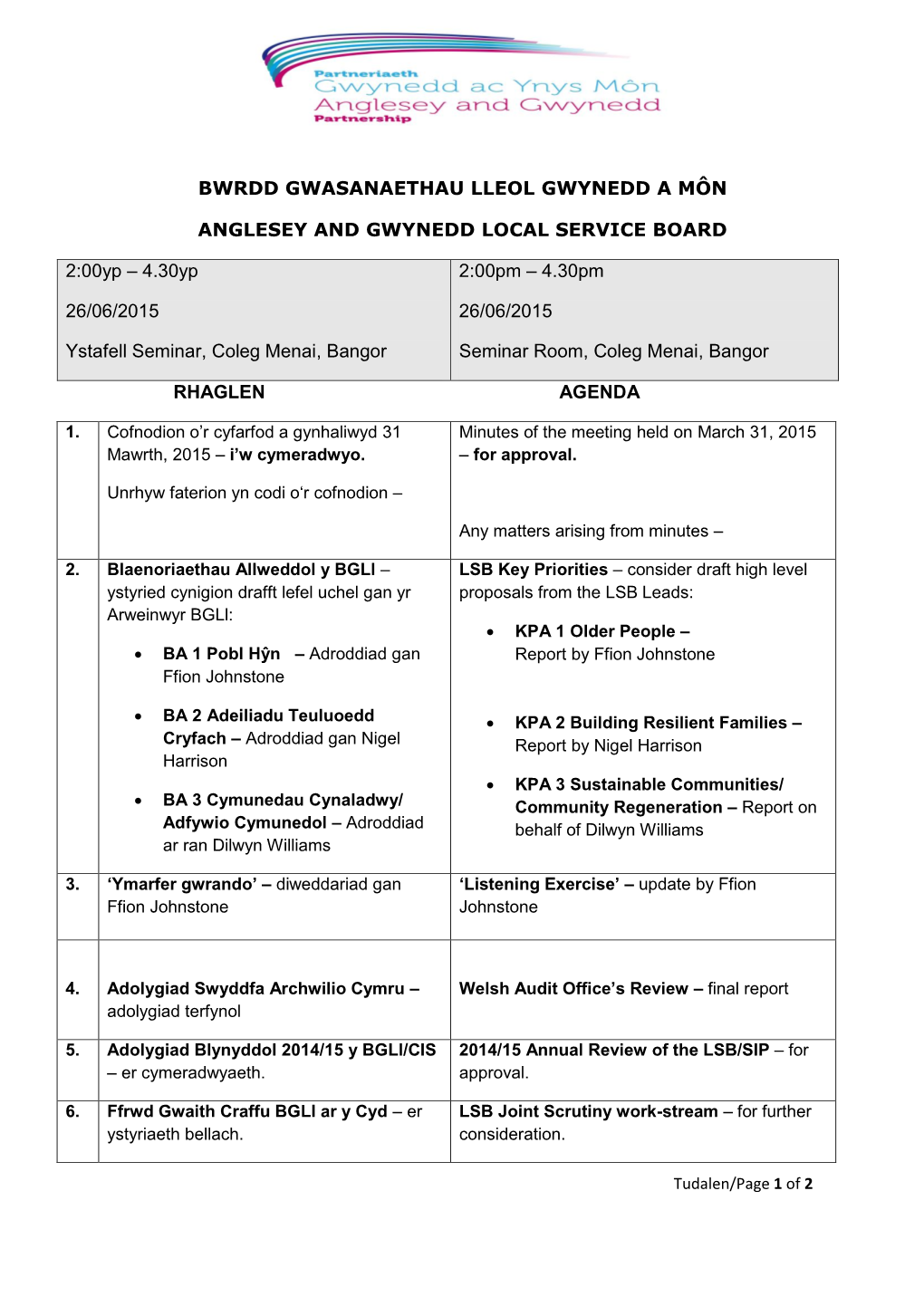 Anglesey and Gwynedd Local Service Board 26/06/15 PDF 703 KB