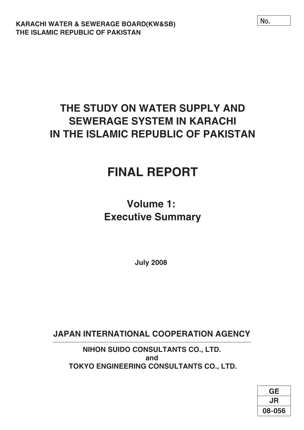 The Study on Water Supply and Sewerage System in Karachi in the Islamic Republic of Pakistan