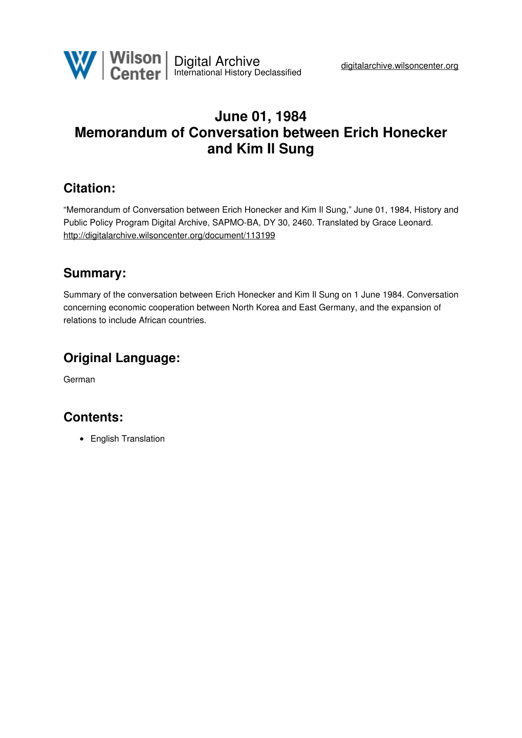 June 01, 1984 Memorandum of Conversation Between Erich Honecker and Kim Il Sung