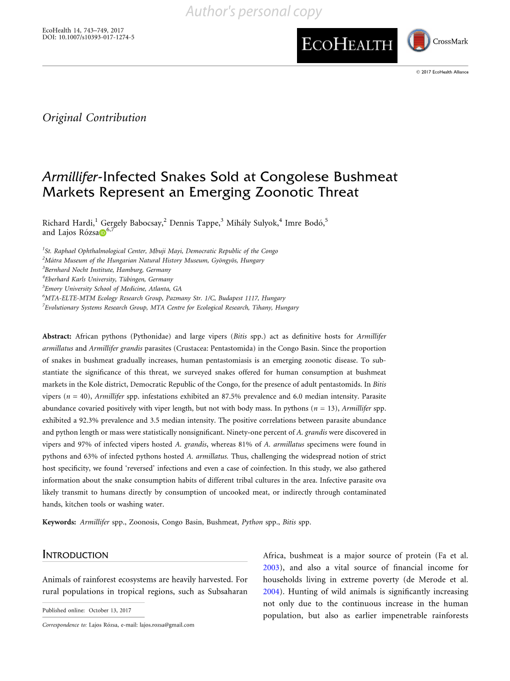 Armillifer-Infected Snakes Sold at Congolese Bushmeat Markets Represent an Emerging Zoonotic Threat