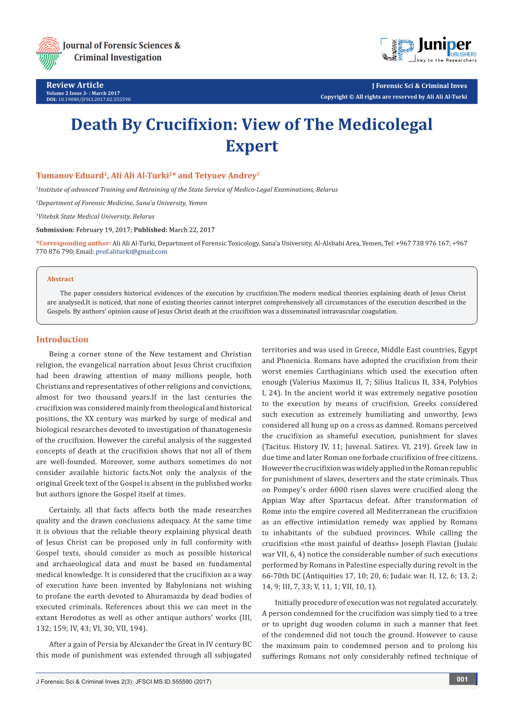 Death by Crucifixion: View of the Medicolegal Expert