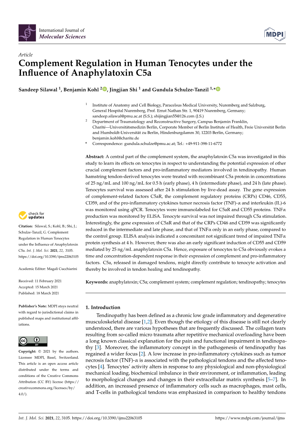 Complement Regulation in Human Tenocytes Under the Influence of Anaphylatoxin