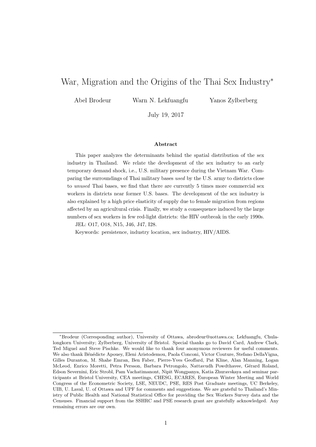 War, Migration and the Origins of the Thai Sex Industry∗