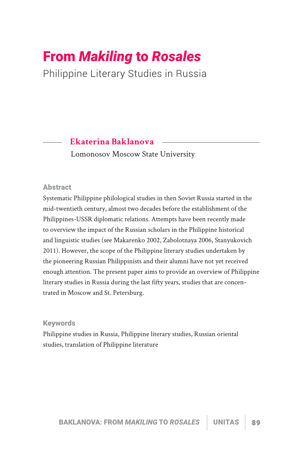 From Makiling to Rosales: Philippine Literary Studies in Russia