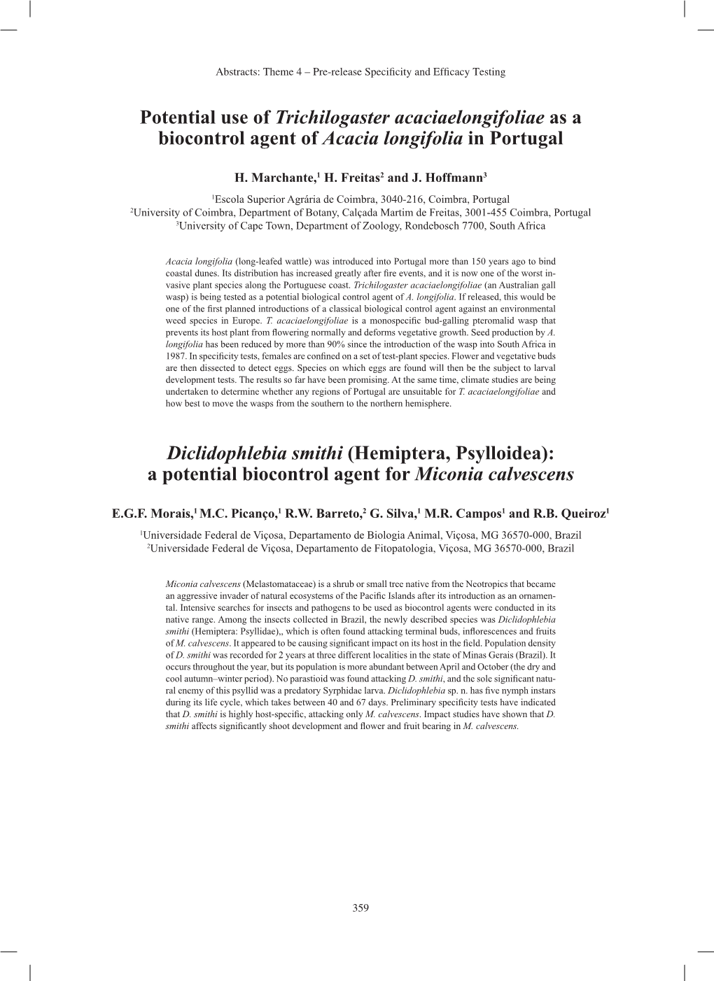 Potential Use of Trichilogaster Acaciaelongifoliae As a Biocontrol Agent of Acacia Longifolia in Portugal