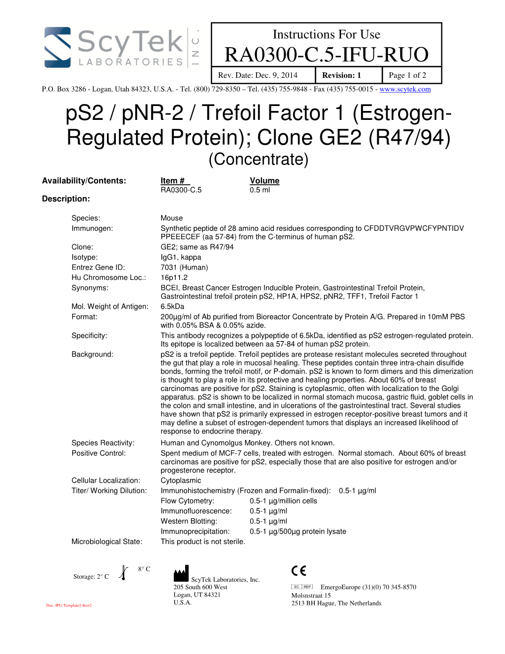 RA0300-C.5-IFU-RUO Ps2 / Pnr-2 / Trefoil Factor 1 (Estrogen