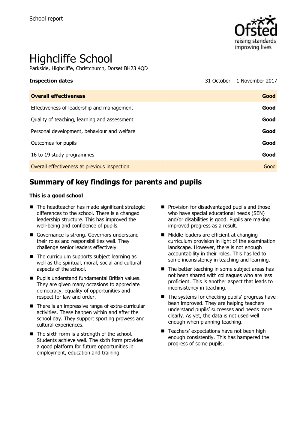 Highcliffe School Parkside, Highcliffe, Christchurch, Dorset BH23 4QD