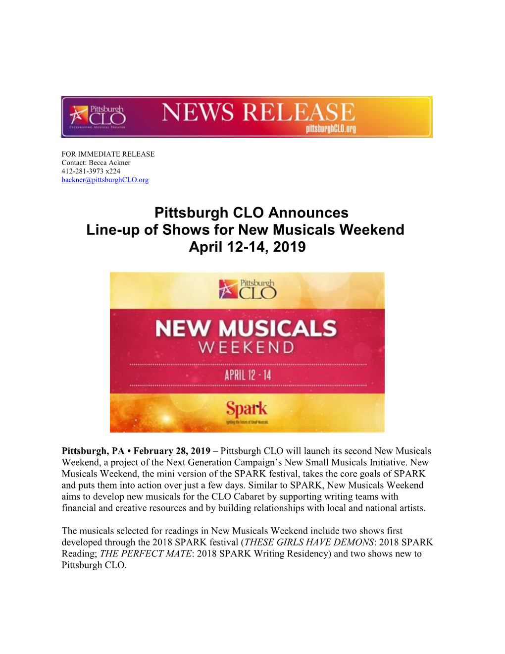 Pittsburgh CLO Announces Line-Up of Shows for New Musicals Weekend April 12-14, 2019