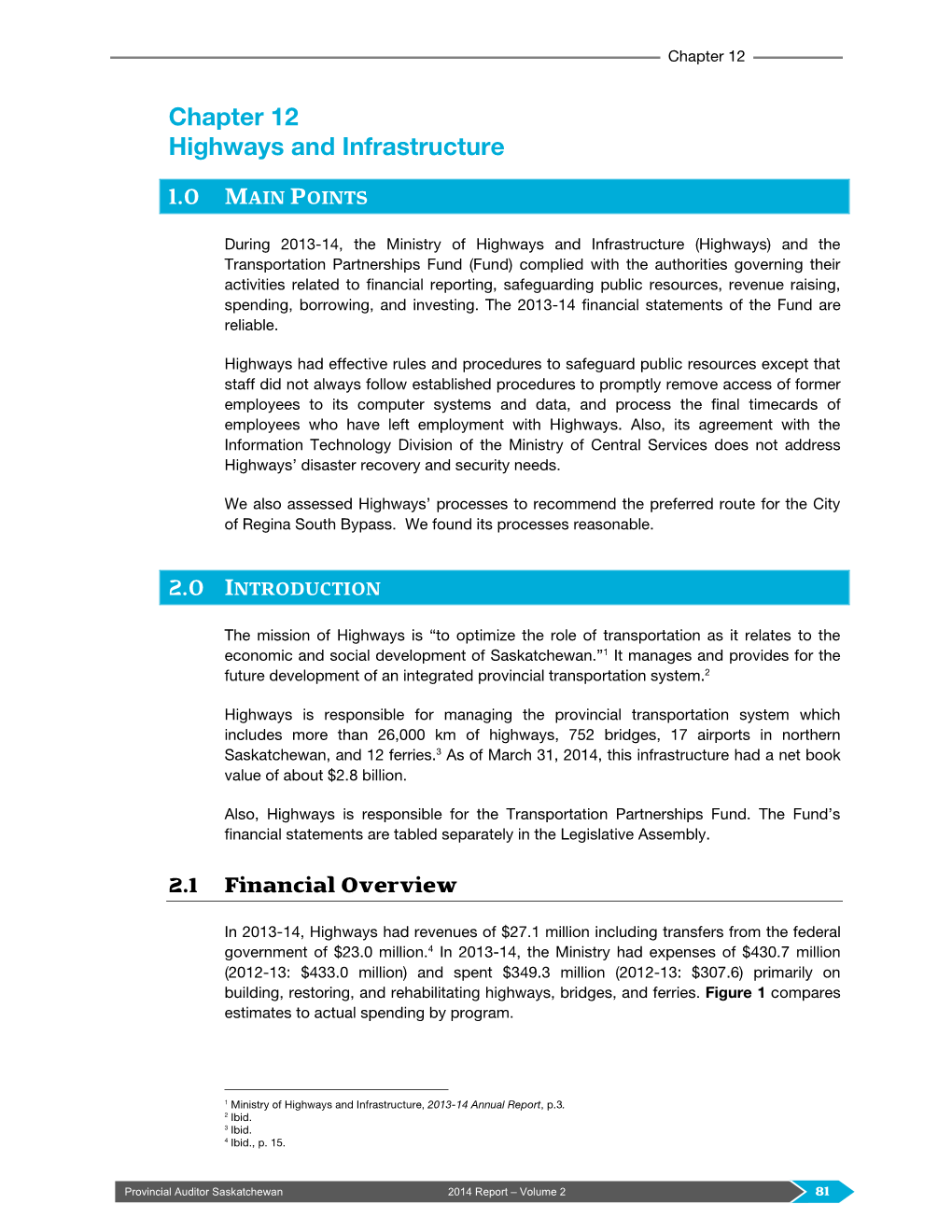 Chapter 12 Highways and Infrastructure 1.0 MAIN POINTS