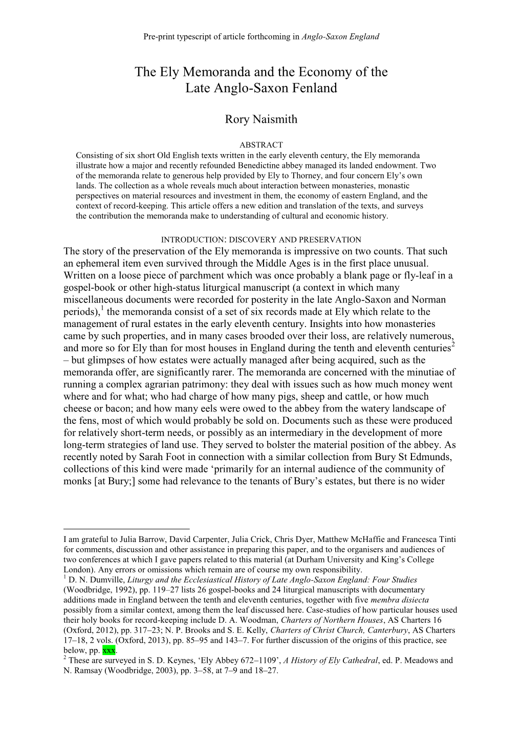 The Ely Memoranda and the Economy of the Late Anglo-Saxon Fenland