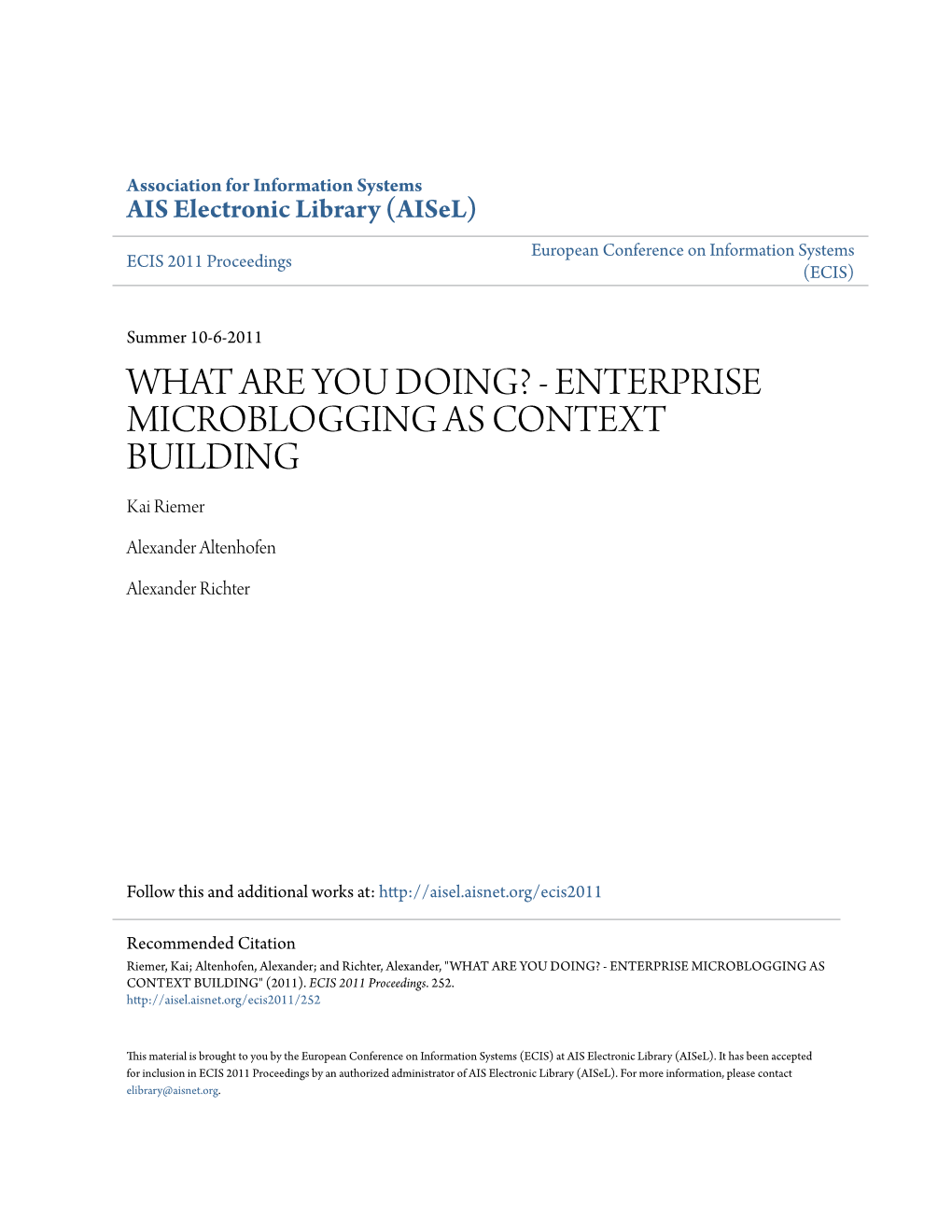 ENTERPRISE MICROBLOGGING AS CONTEXT BUILDING Kai Riemer