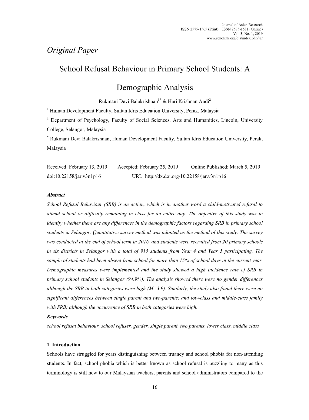 Original Paper School Refusal Behaviour in Primary School Students