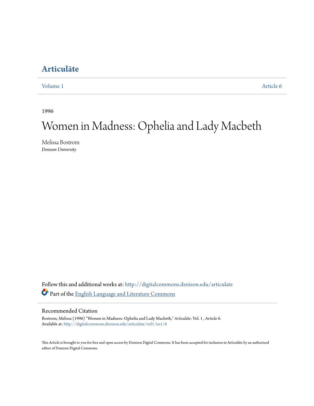 Ophelia and Lady Macbeth Melissa Bostrom Denison University