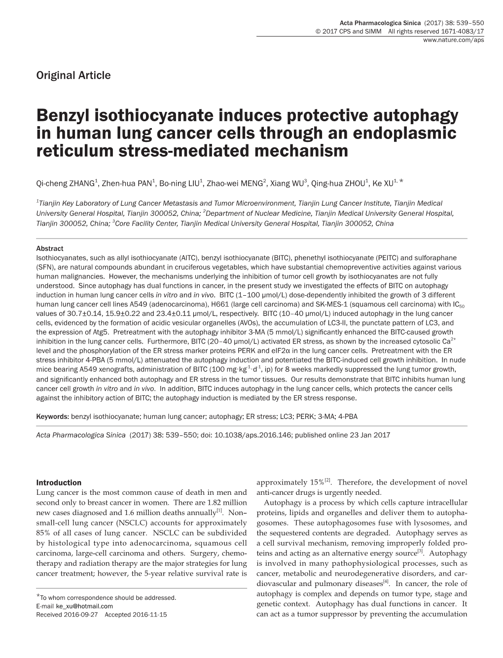 Benzyl Isothiocyanate Induces Protective Autophagy in Human Lung Cancer Cells Through an Endoplasmic Reticulum Stress-Mediated Mechanism