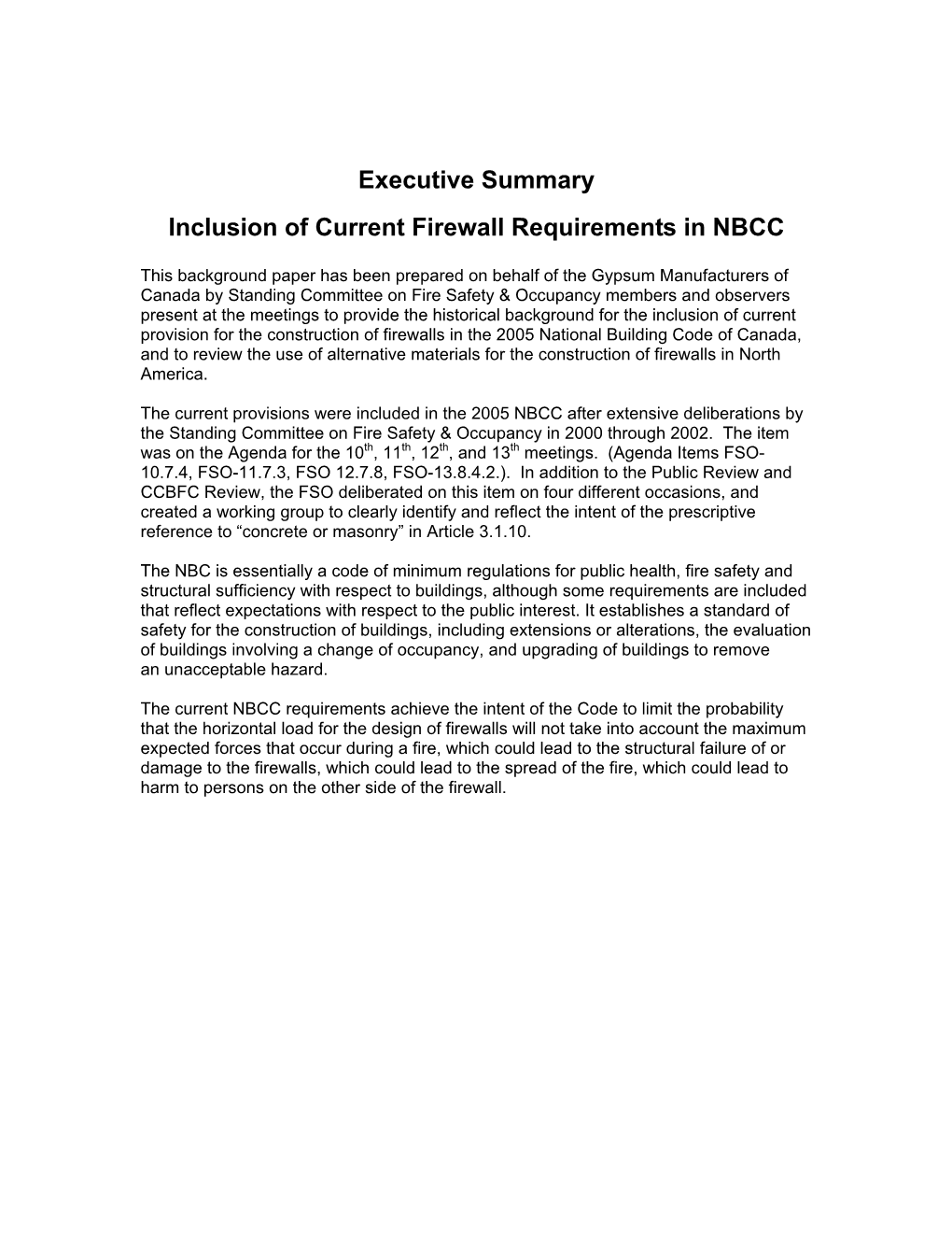 Executive Summary Inclusion of Current Firewall Requirements in NBCC