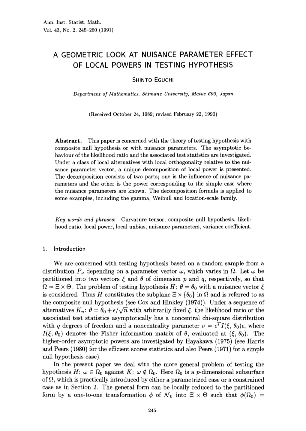 A Geometric Look at Nuisance Parameter Effect of Local Powers in Testing Hypothesis