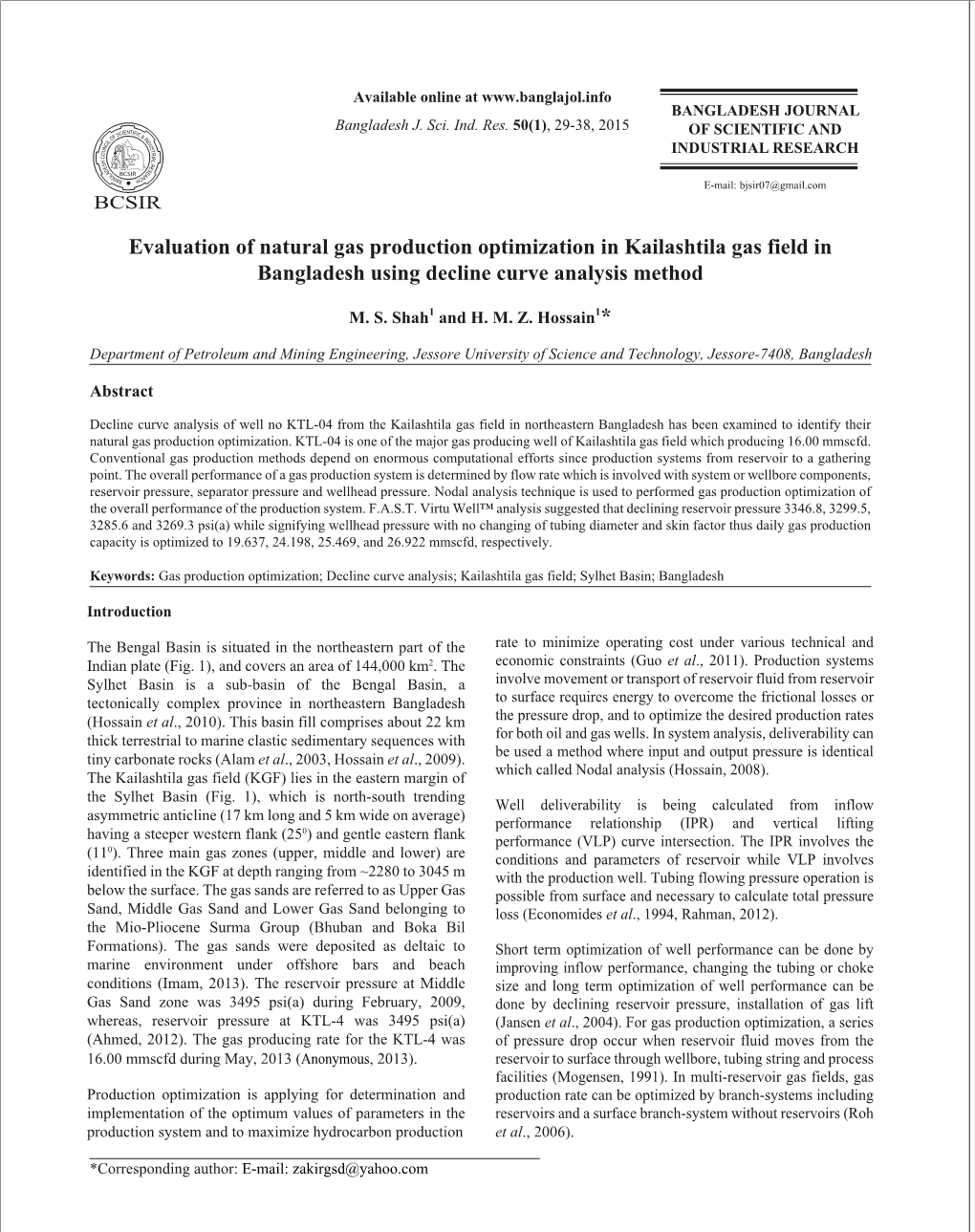 Evaluation of Natural Gas Production Optimization in Kailashtila Gas Field
