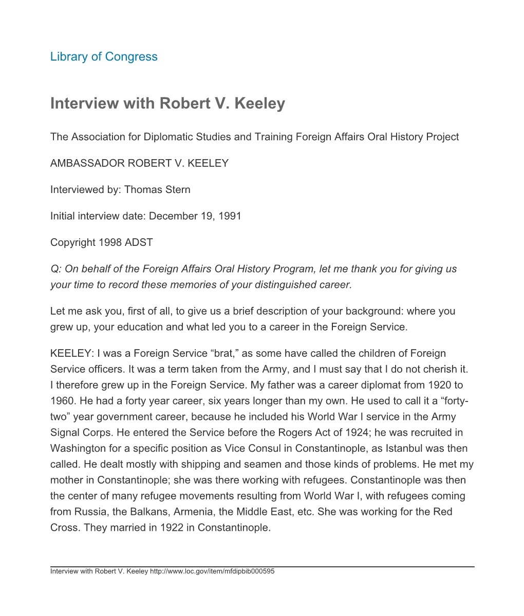 Interview with Robert V. Keeley