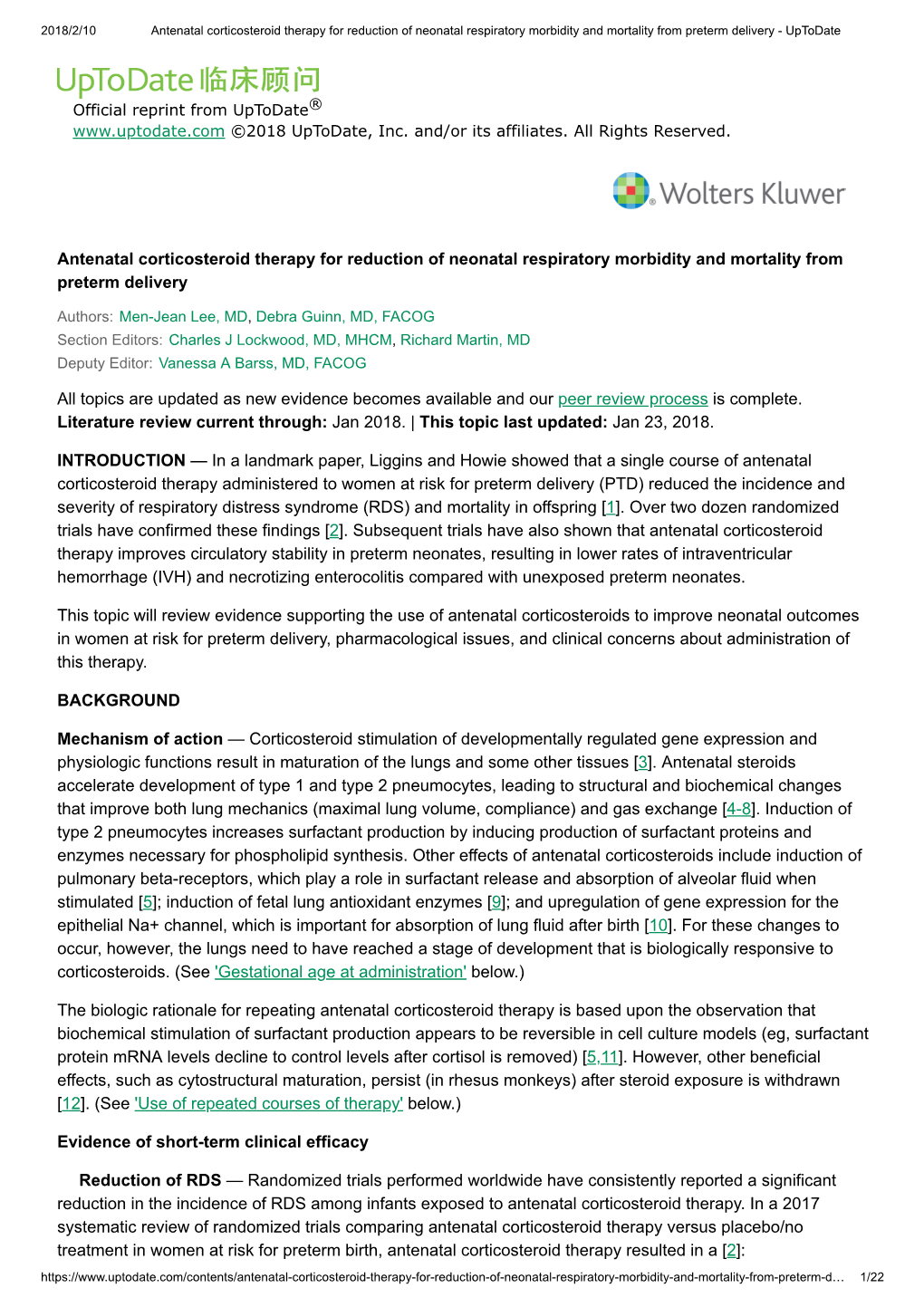 Antenatal Corticosteroid Therapy for Reduction of Neonatal Respiratory Morbidity and Mortality from Preterm Delivery - Uptodate