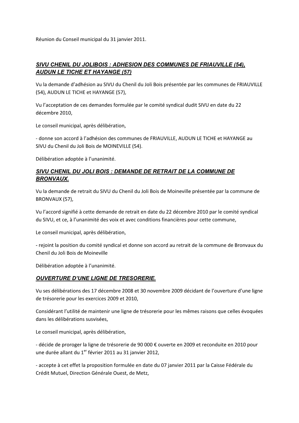 Réunion Du Conseil Municipal Du 31 Janvier 2011