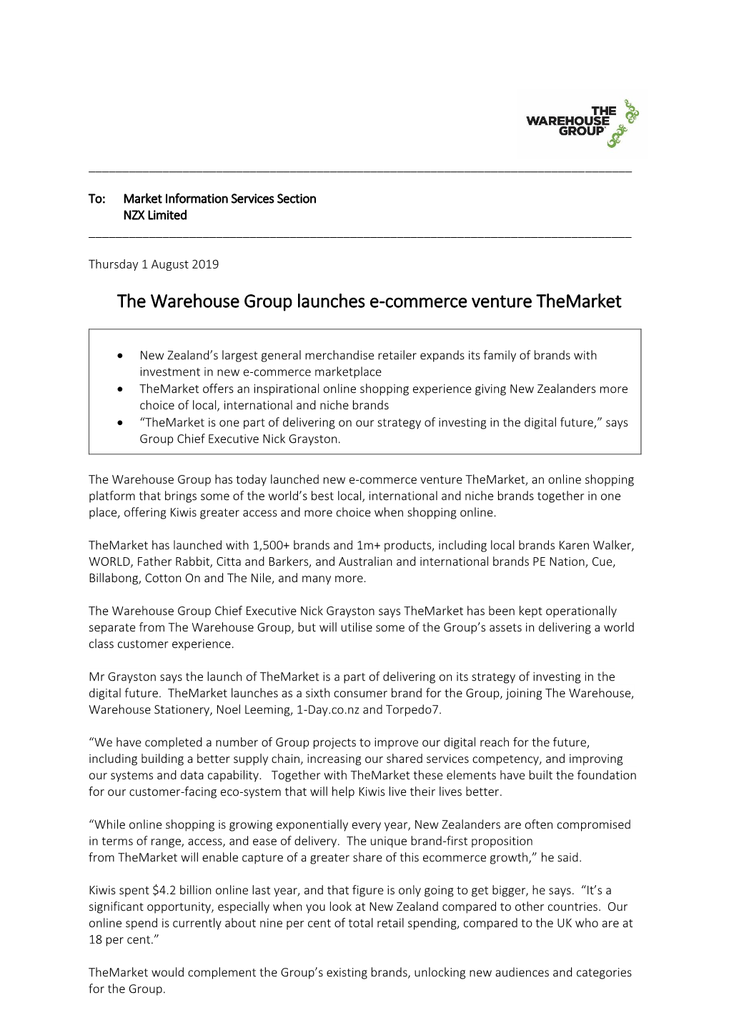 The Warehouse Group Launches E-Commerce Venture Themarket