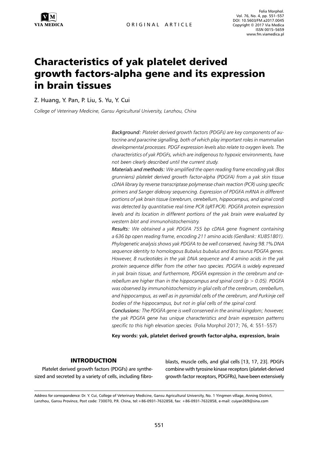 Characteristics of Yak Platelet Derived Growth Factors-Alpha Gene and Its Expression in Brain Tissues Z