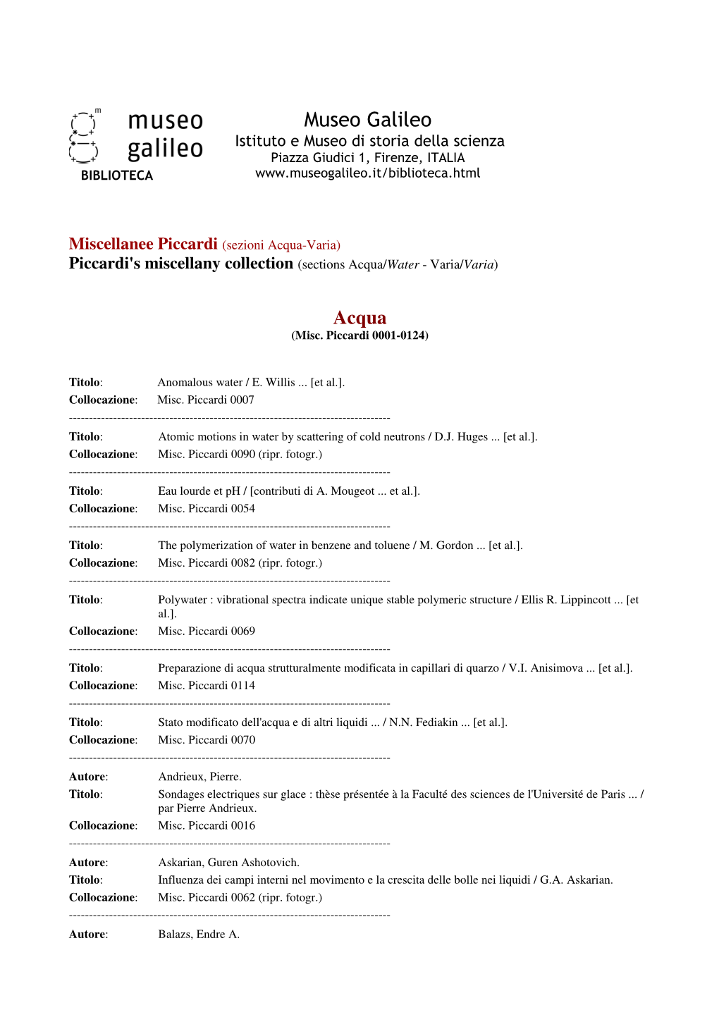Miscellanee Piccardi (Sezioni Acqua-Varia) Piccardi's Miscellany Collection (Sections Acqua/ Water - Varia/Varia )
