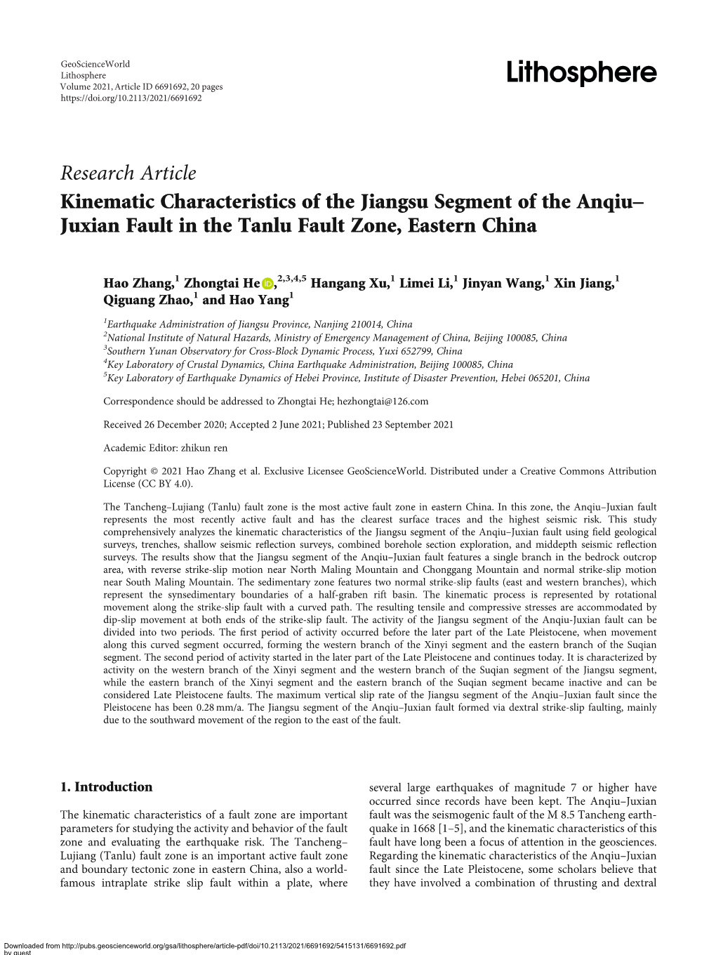 Research Article Kinematic Characteristics of the Jiangsu Segment of the Anqiu– Juxian Fault in the Tanlu Fault Zone, Eastern China