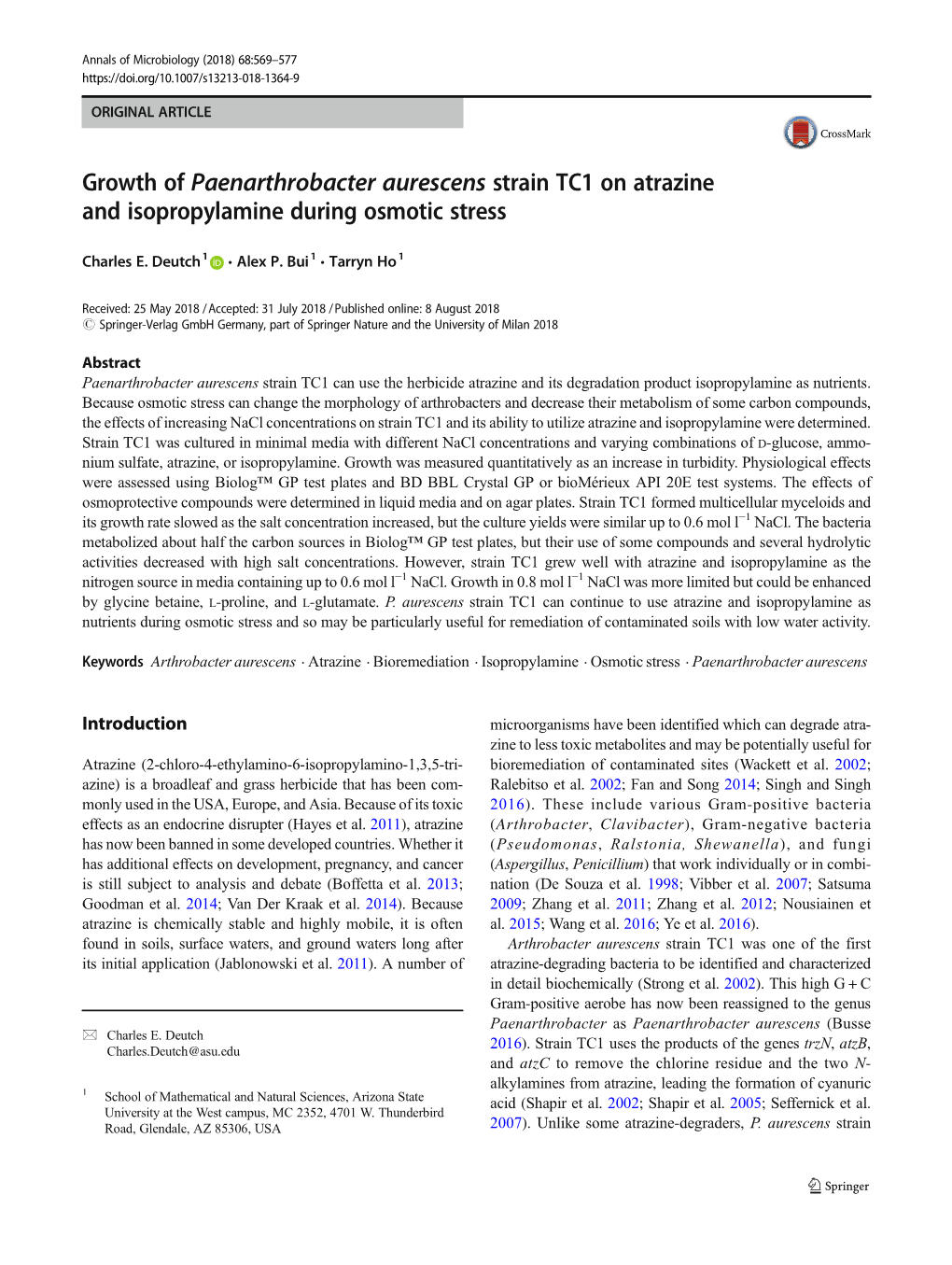 Growth of Paenarthrobacter Aurescens Strain TC1 on Atrazine and Isopropylamine During Osmotic Stress