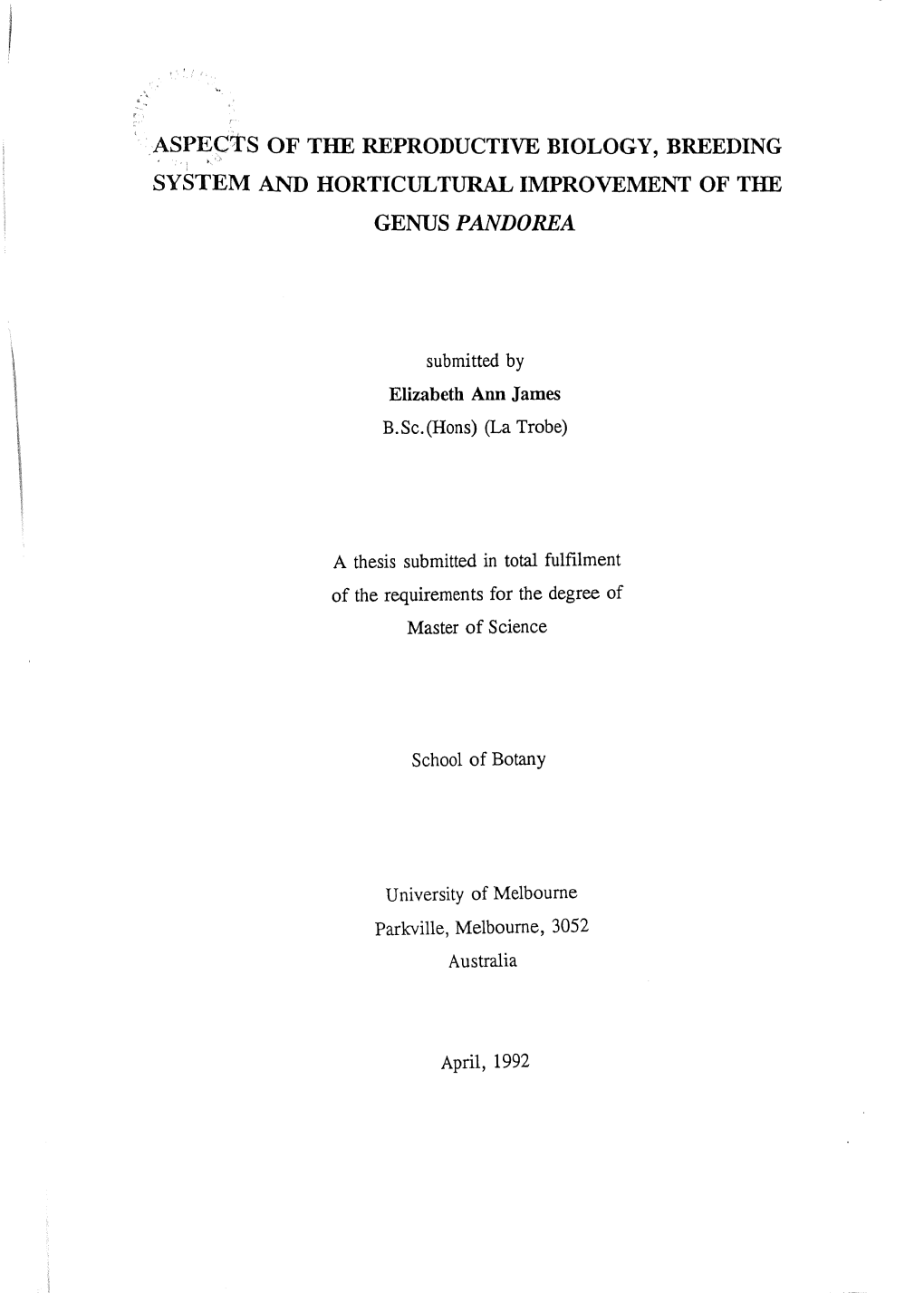 Aspects of the Reproductive Biology, Breeding System and Horticultural Improvement of the Genus Pandorea