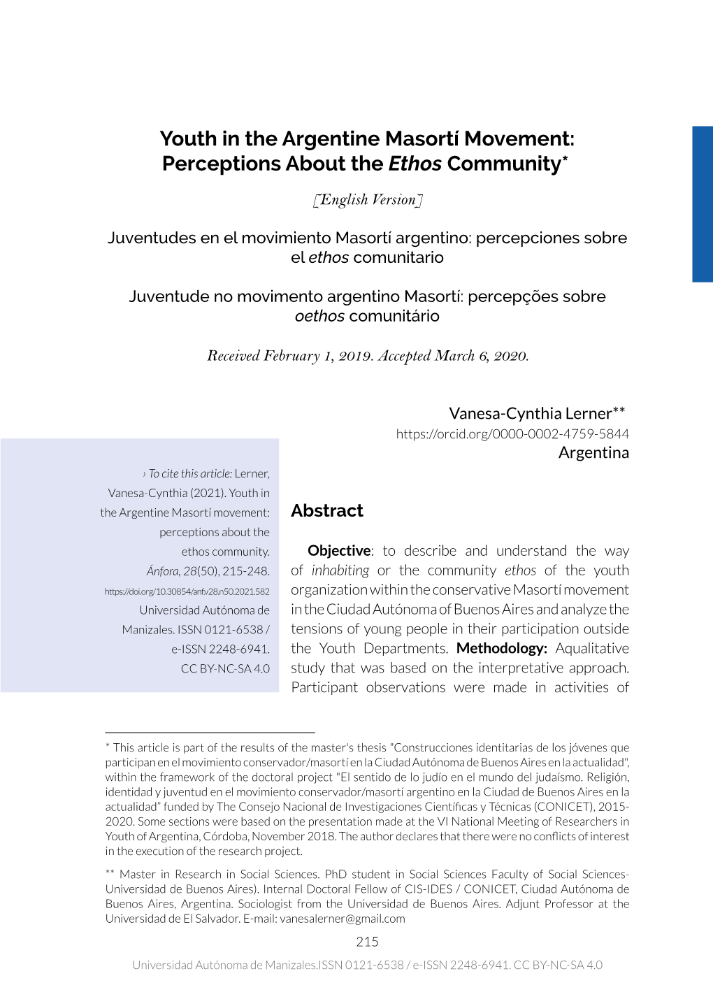 Youth in the Argentine Masortí Movement: Perceptions About the Ethos Community*1