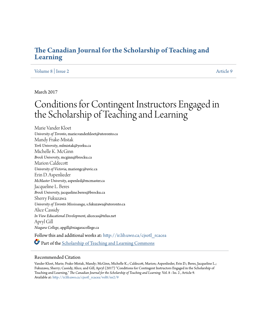 Conditions for Contingent Instructors Engaged in the Scholarship Of