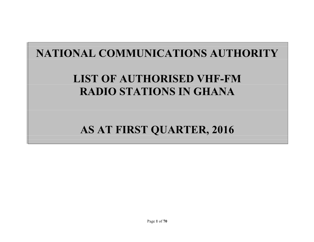 National Communications Authority List of Authorised Vhf-Fm Radio Stations