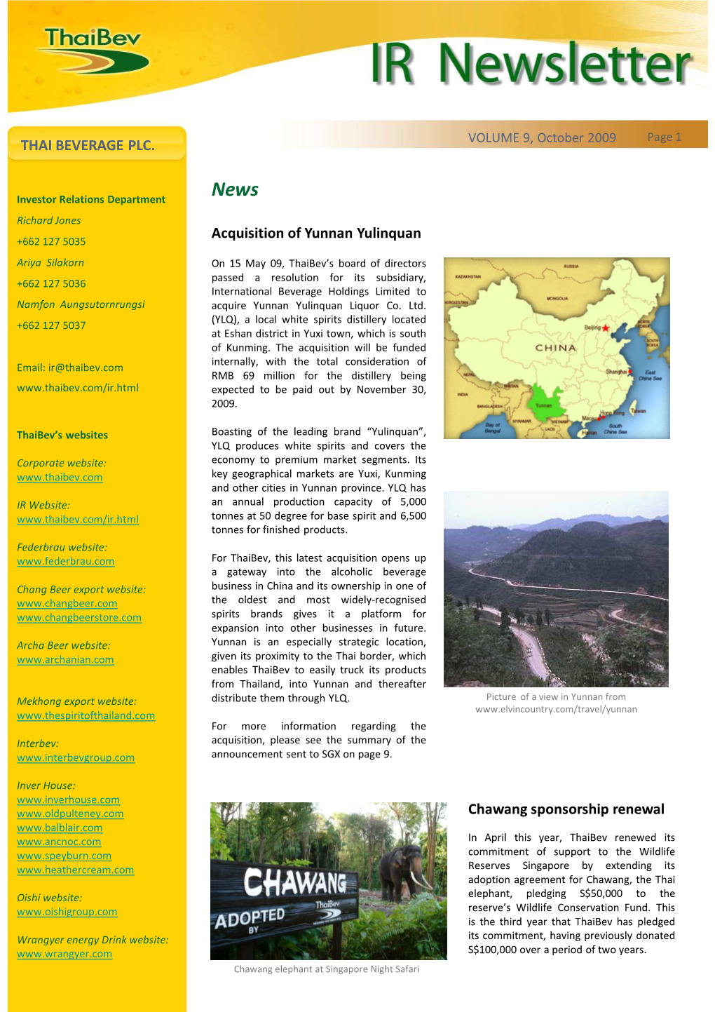 THAI BEVERAGE PLC. Acquisition of Yunnan Yulinquan Chawang