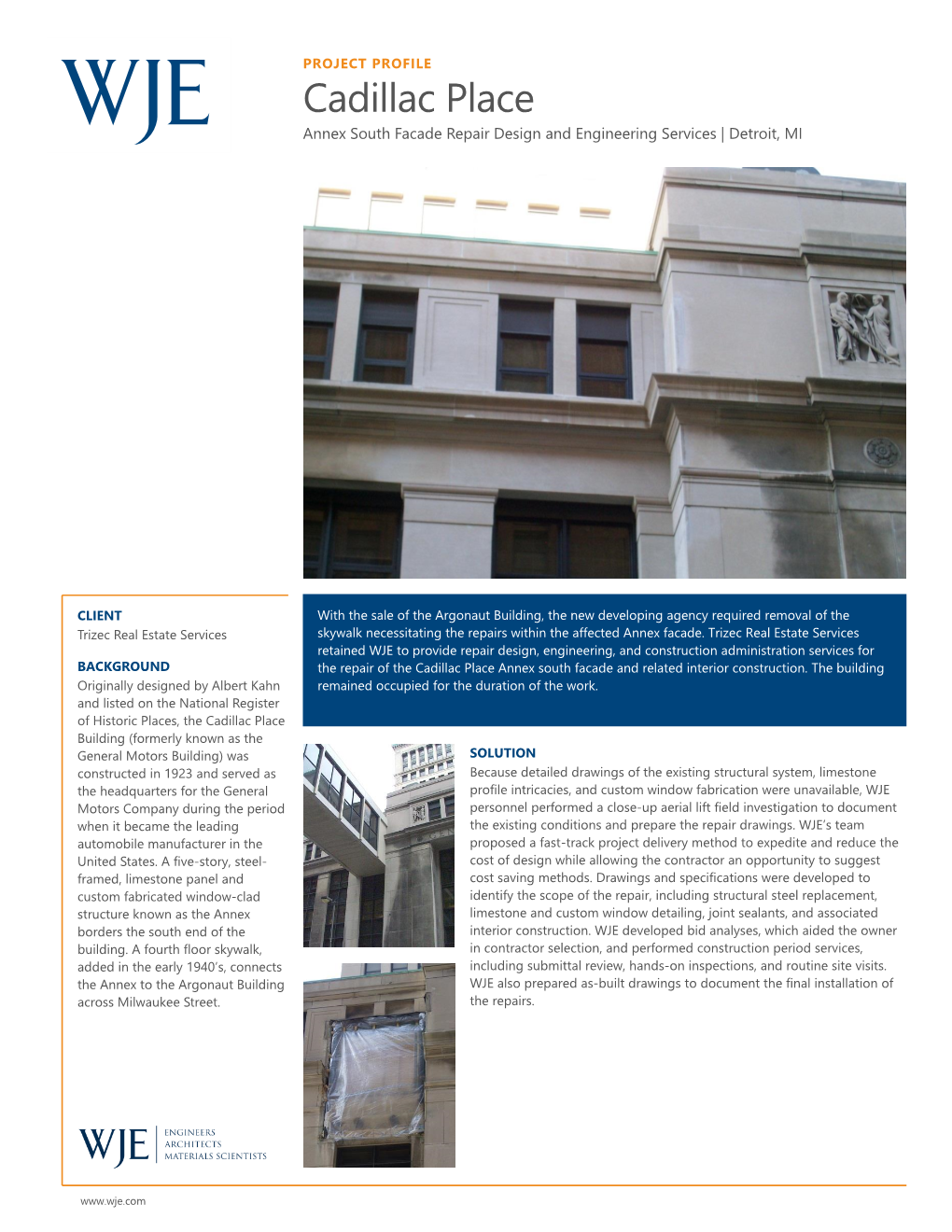 Cadillac Place WJE Annex South Facade Repair Design and Engineering Services | Detroit, MI