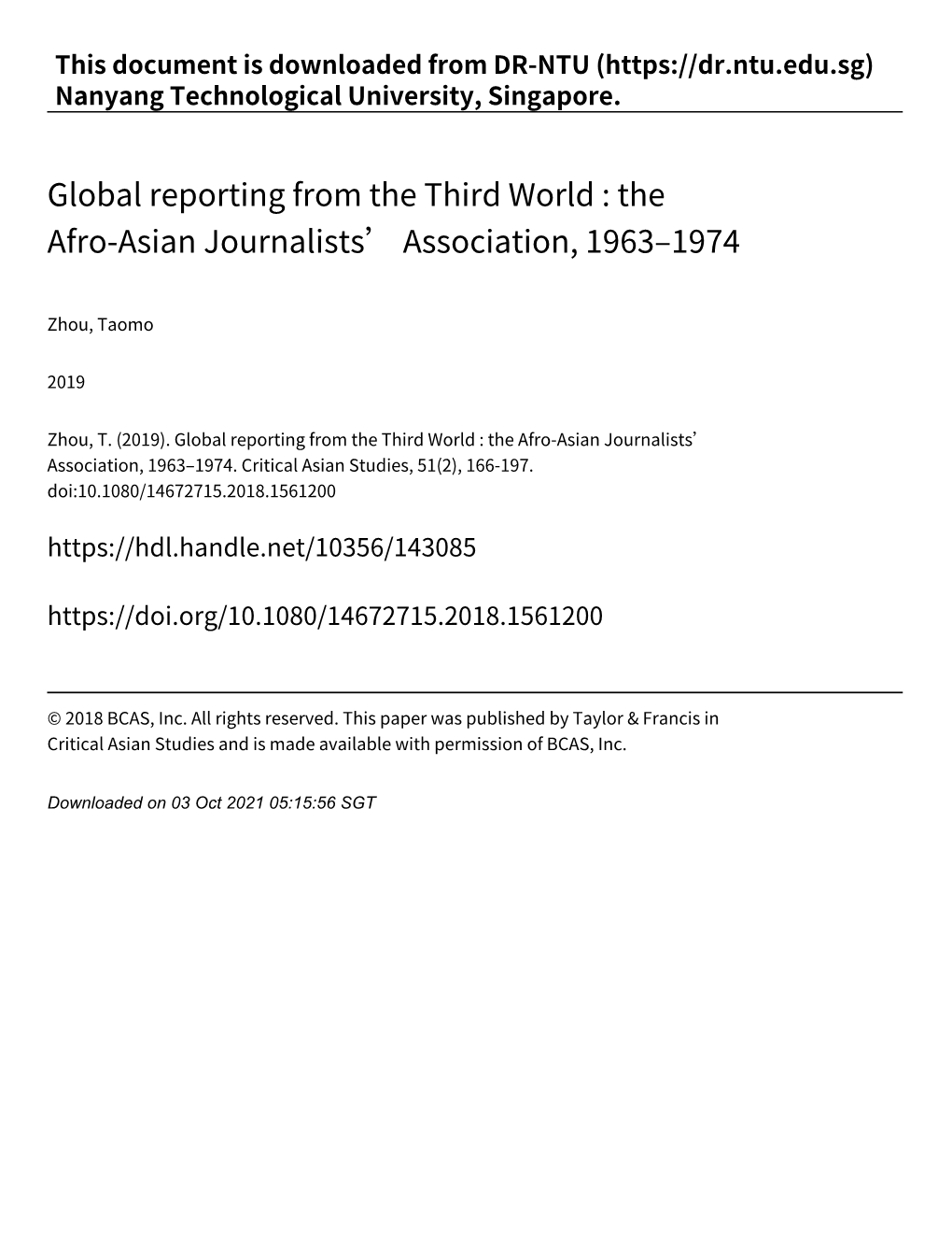 Global Reporting from the Third World : the Afro‑Asian Journalists’ Association, 1963–1974