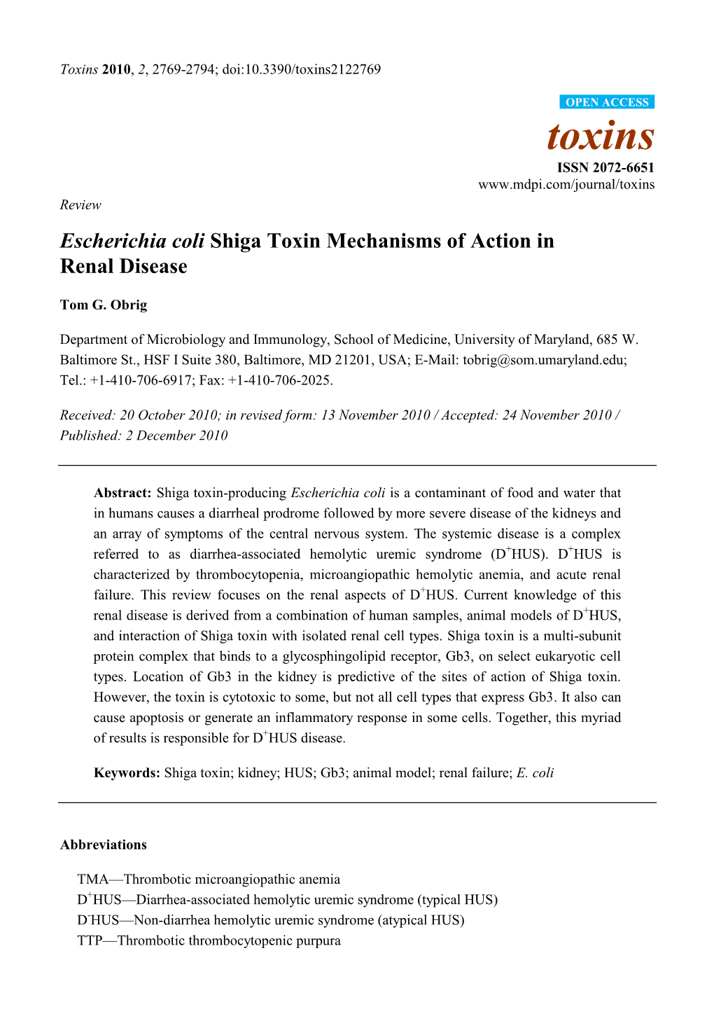 Escherichia Coli Shiga Toxin Mechanisms of Action in Renal Disease