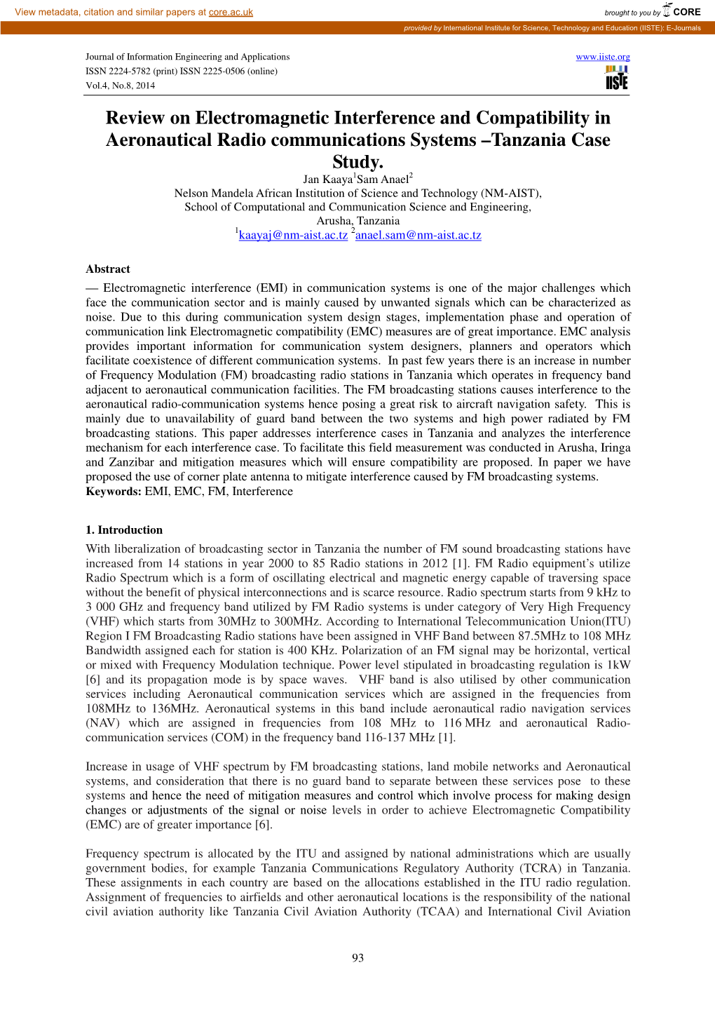Review on Electromagnetic Interference and Compatibility in Aeronautical Radio Communications Systems –Tanzania Case Study