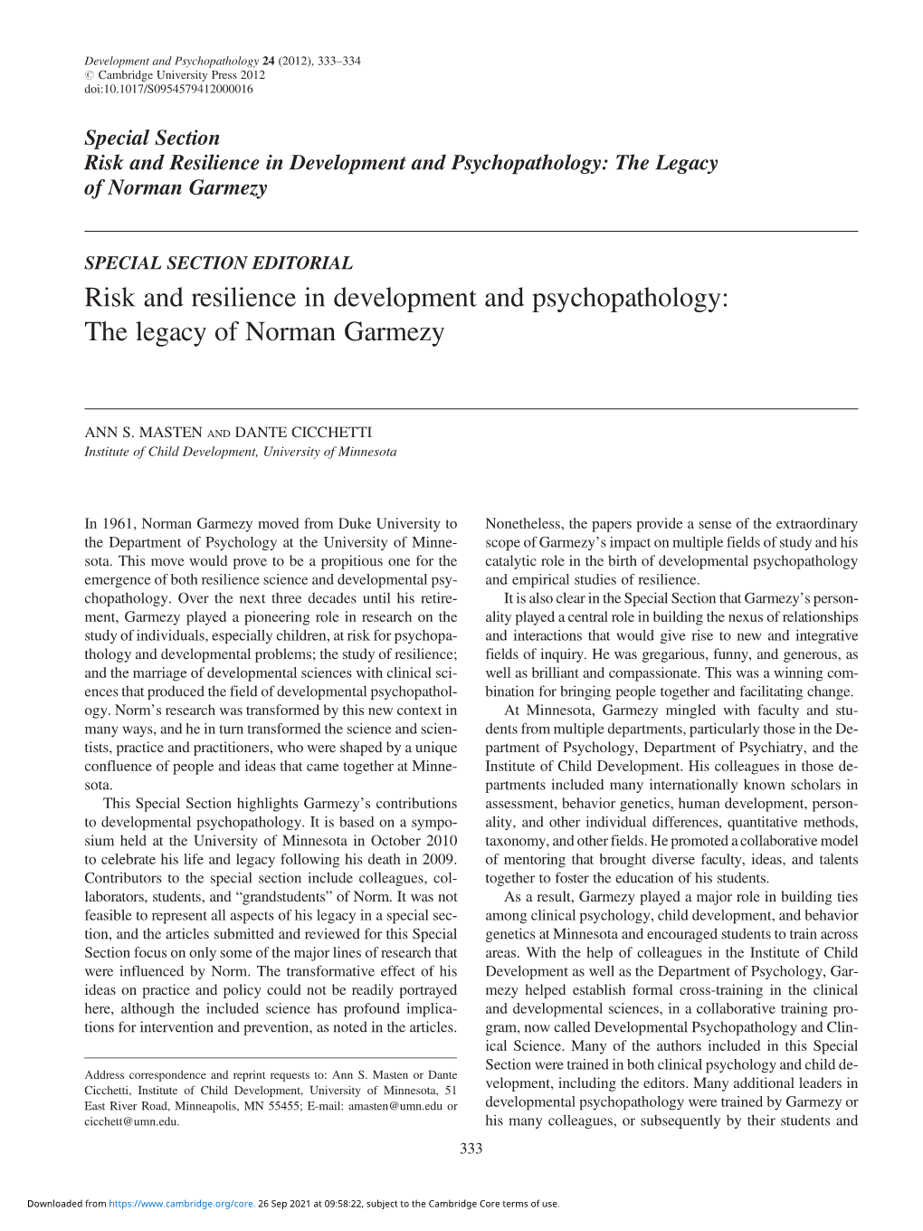 Risk and Resilience in Development and Psychopathology: the Legacy of Norman Garmezy