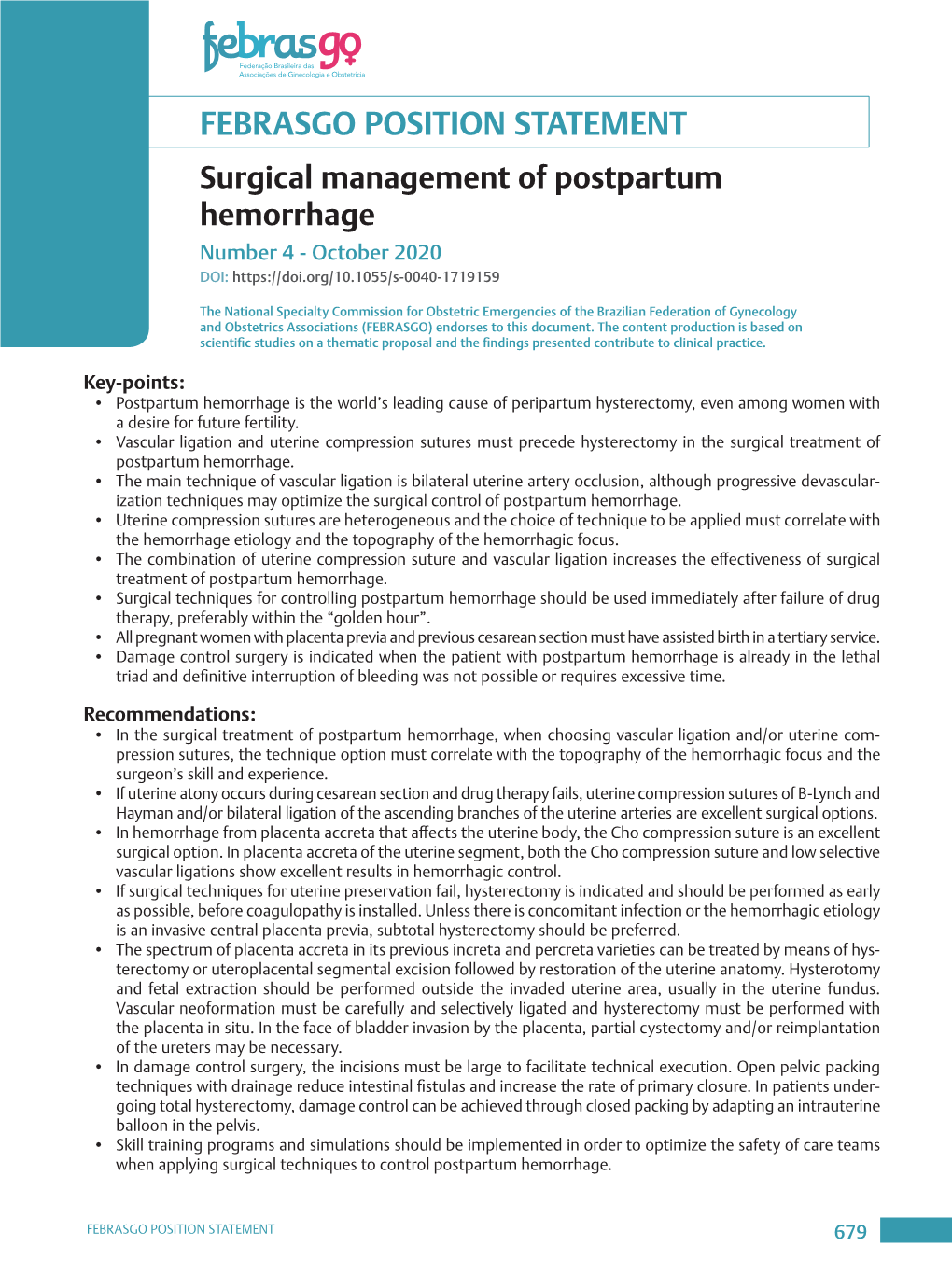 FEBRASGO POSITION STATEMENT Surgical Management of Postpartum Hemorrhage Number 4 - October 2020 DOI