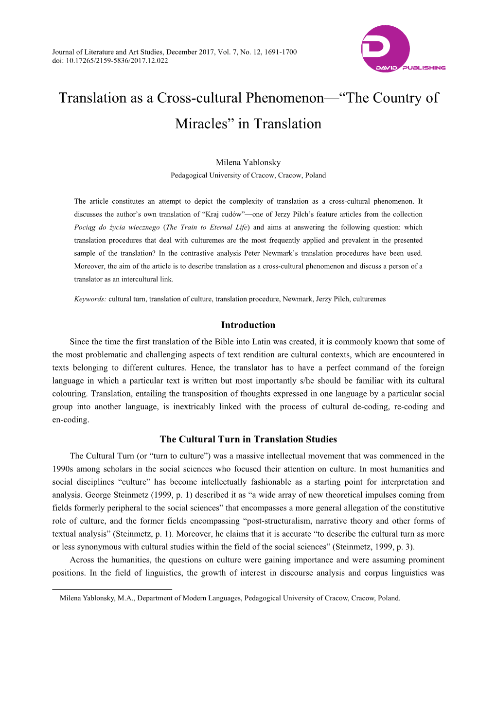Translation As a Cross-Cultural Phenomenon—“The Country of Miracles” in Translation
