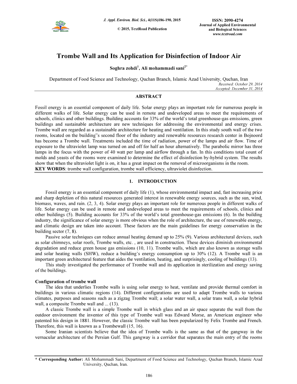 Trombe Wall and Its Application for Disinfection of Indoor Air