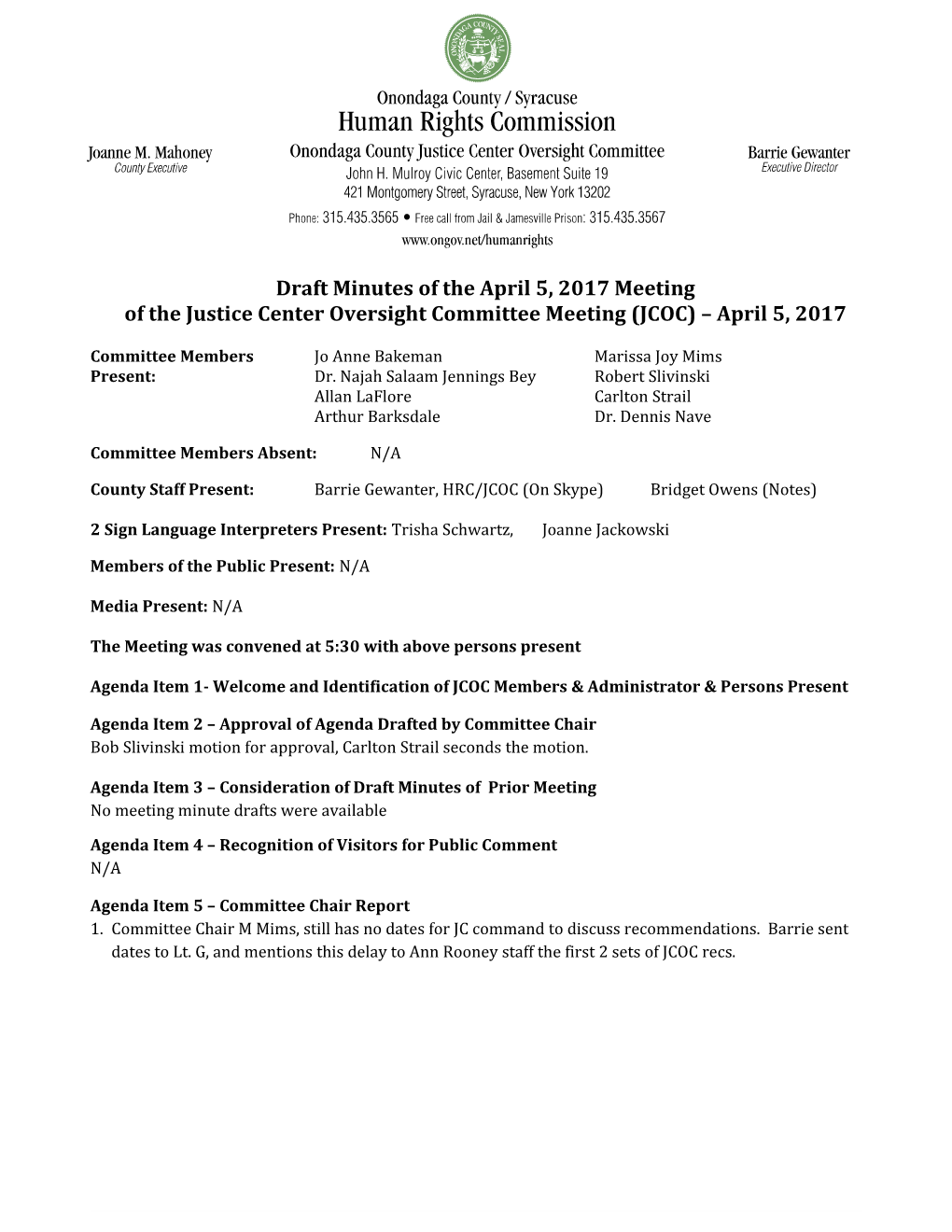 Draft Minutes of the April 5, 2017 Meeting